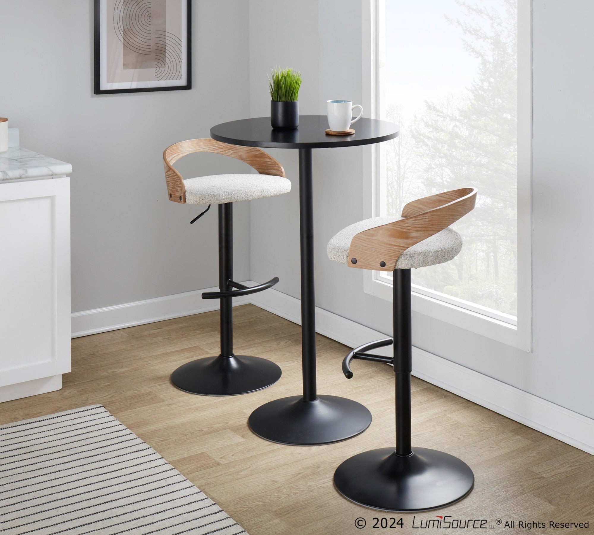 Grotto Adjustable Barstool - Black Metal, Whitewashed Wood, Oat Fabric