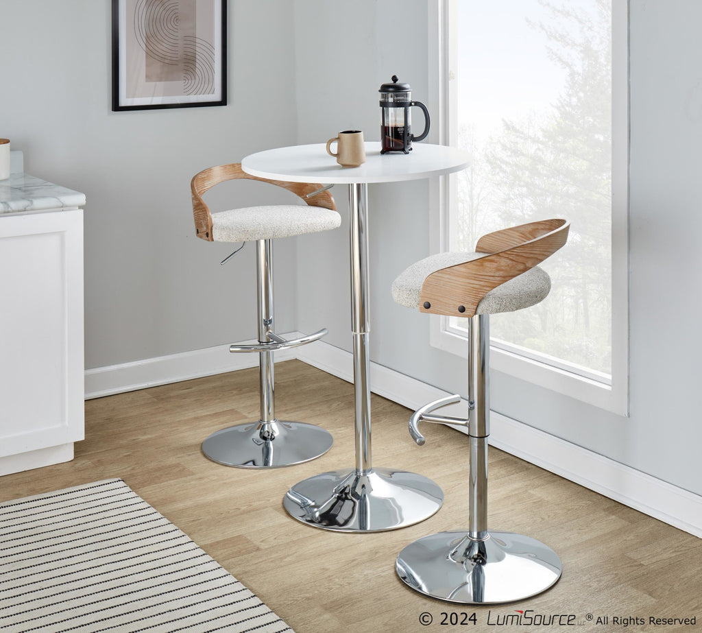 Grotto Adjustable Barstool - Chrome Metal, Whitewashed Wood, Oat Fabric