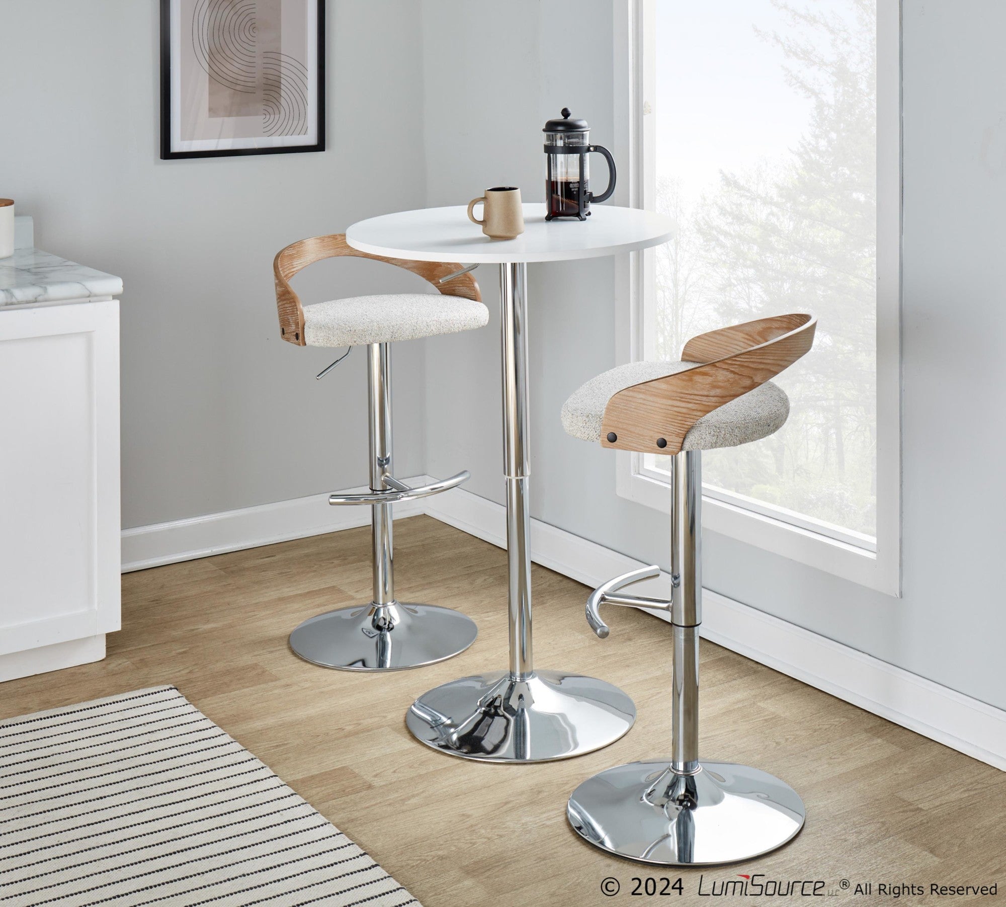 Grotto Adjustable Barstool - Chrome Metal, Whitewashed Wood, Oat Fabric
