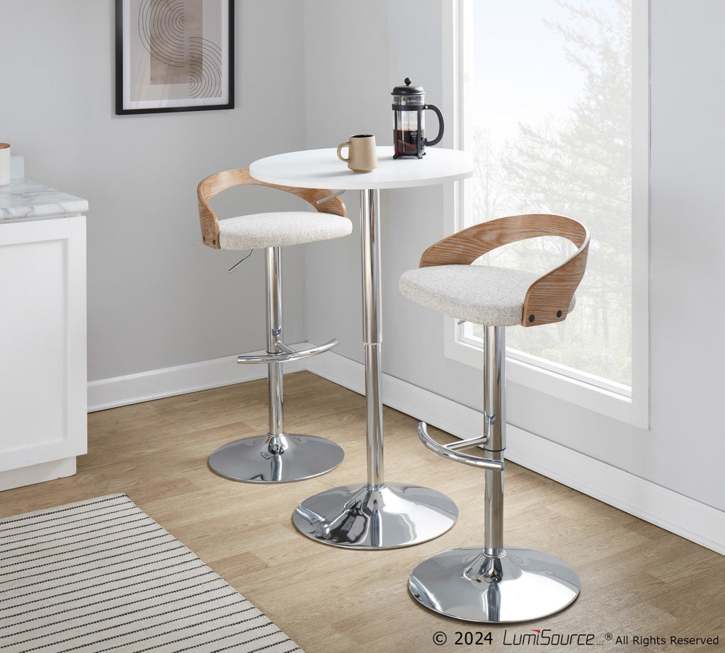 Grotto Adjustable Barstool - Chrome Metal, Whitewashed Wood, Oat Fabric