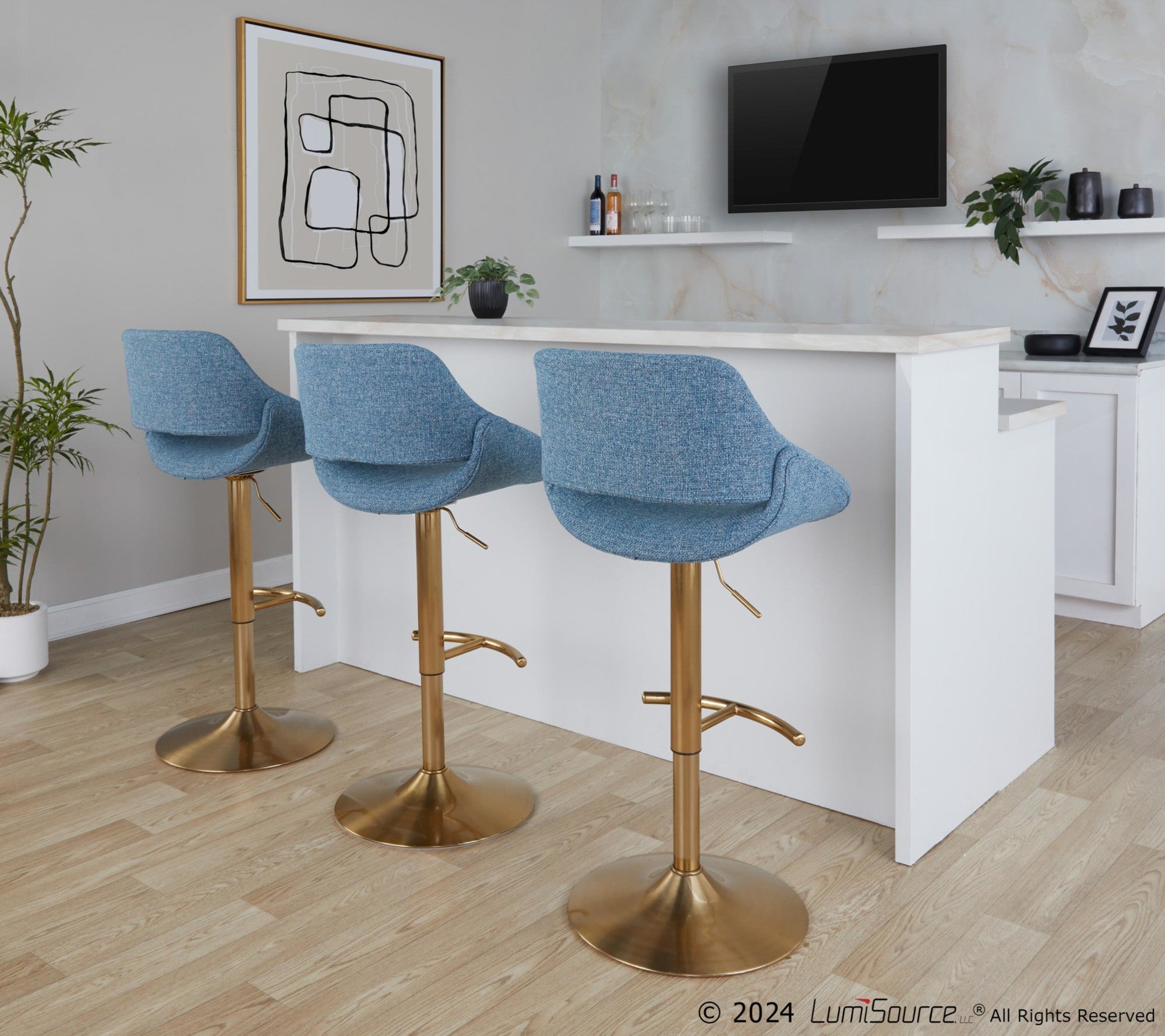 Fabrico Adjustable Barstool - Set of 2 - Gold Metal, Blue Noise Fabric
