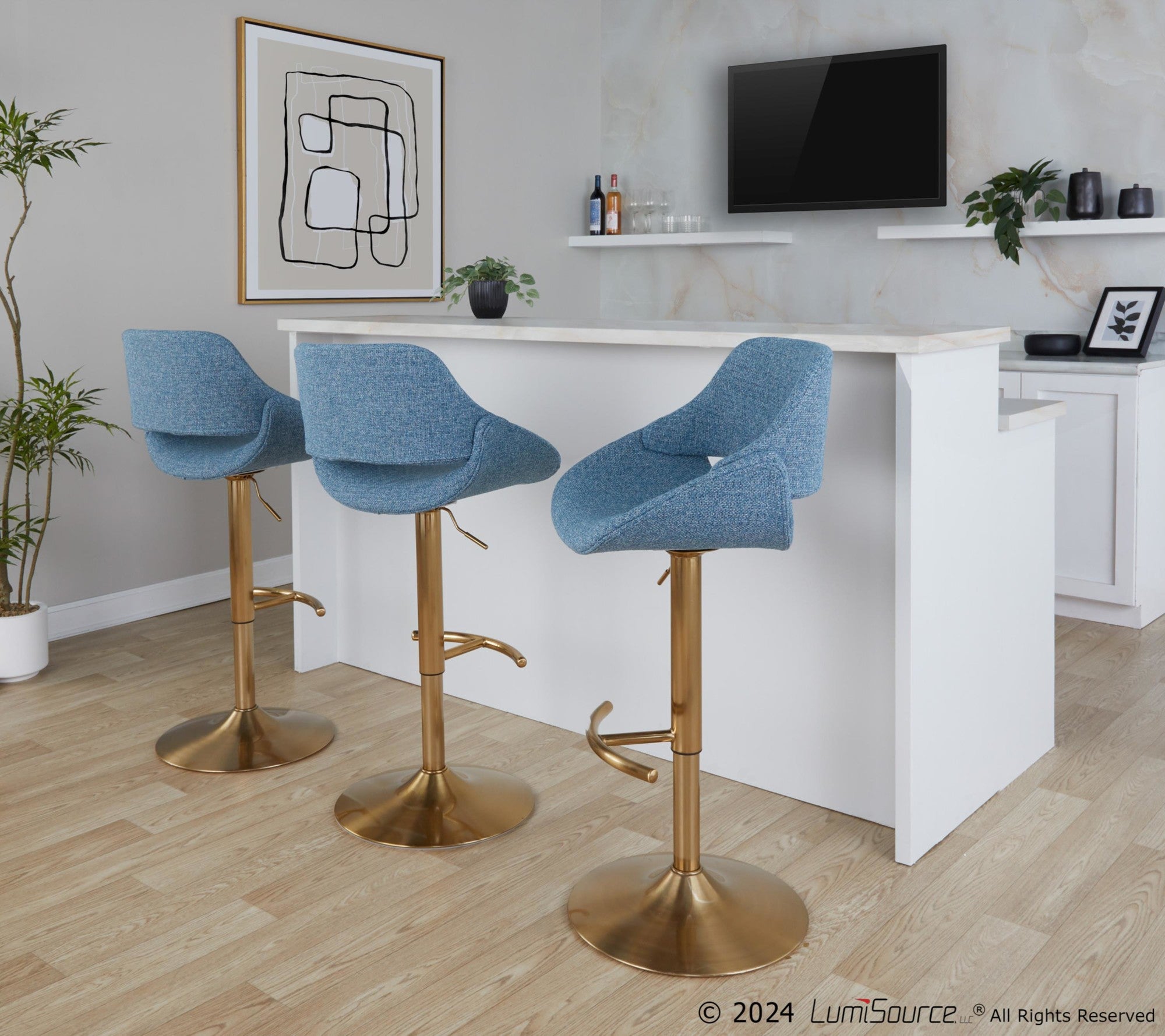 Fabrico Adjustable Barstool - Set of 2 - Gold Metal, Blue Noise Fabric