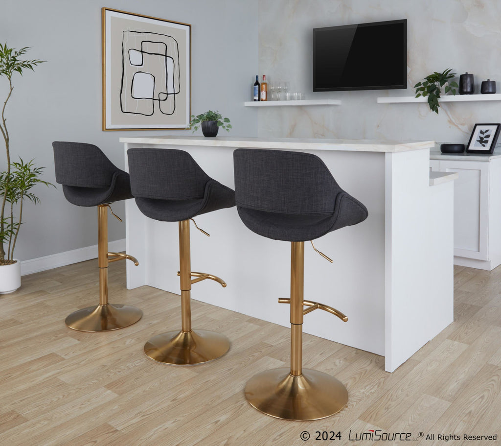Fabrico Adjustable Barstool - Set of 2 - Gold Metal, Charcoal Fabric