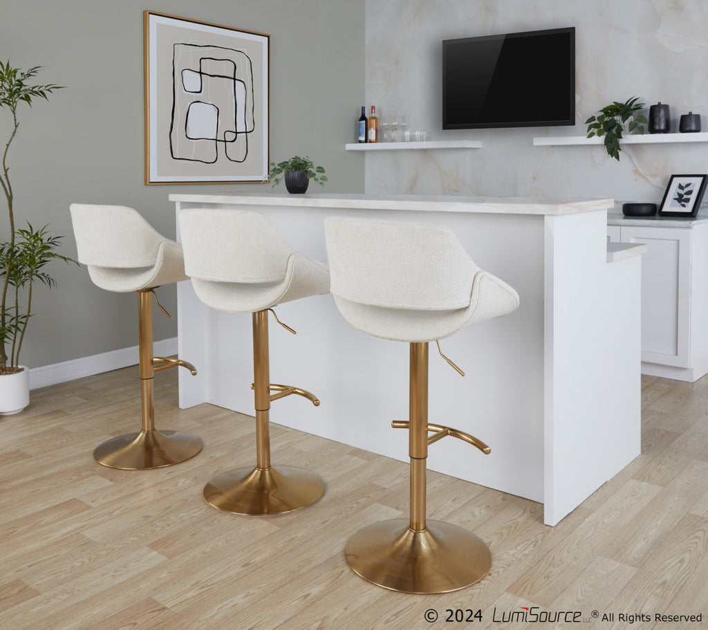 Fabrico Adjustable Barstool - Set of 2 - Gold Metal, Cream Noise Fabric