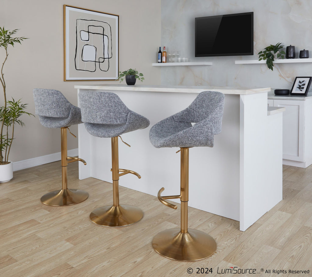 Fabrico Adjustable Barstool - Set of 2 - Gold Metal, Grey Noise Fabric