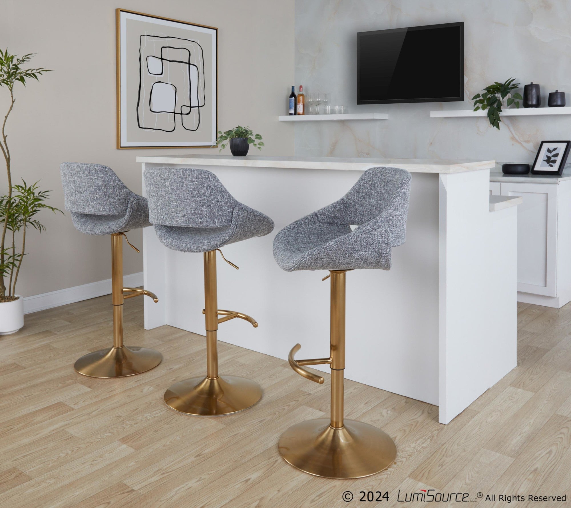 Fabrico Adjustable Barstool - Set of 2 - Gold Metal, Grey Noise Fabric