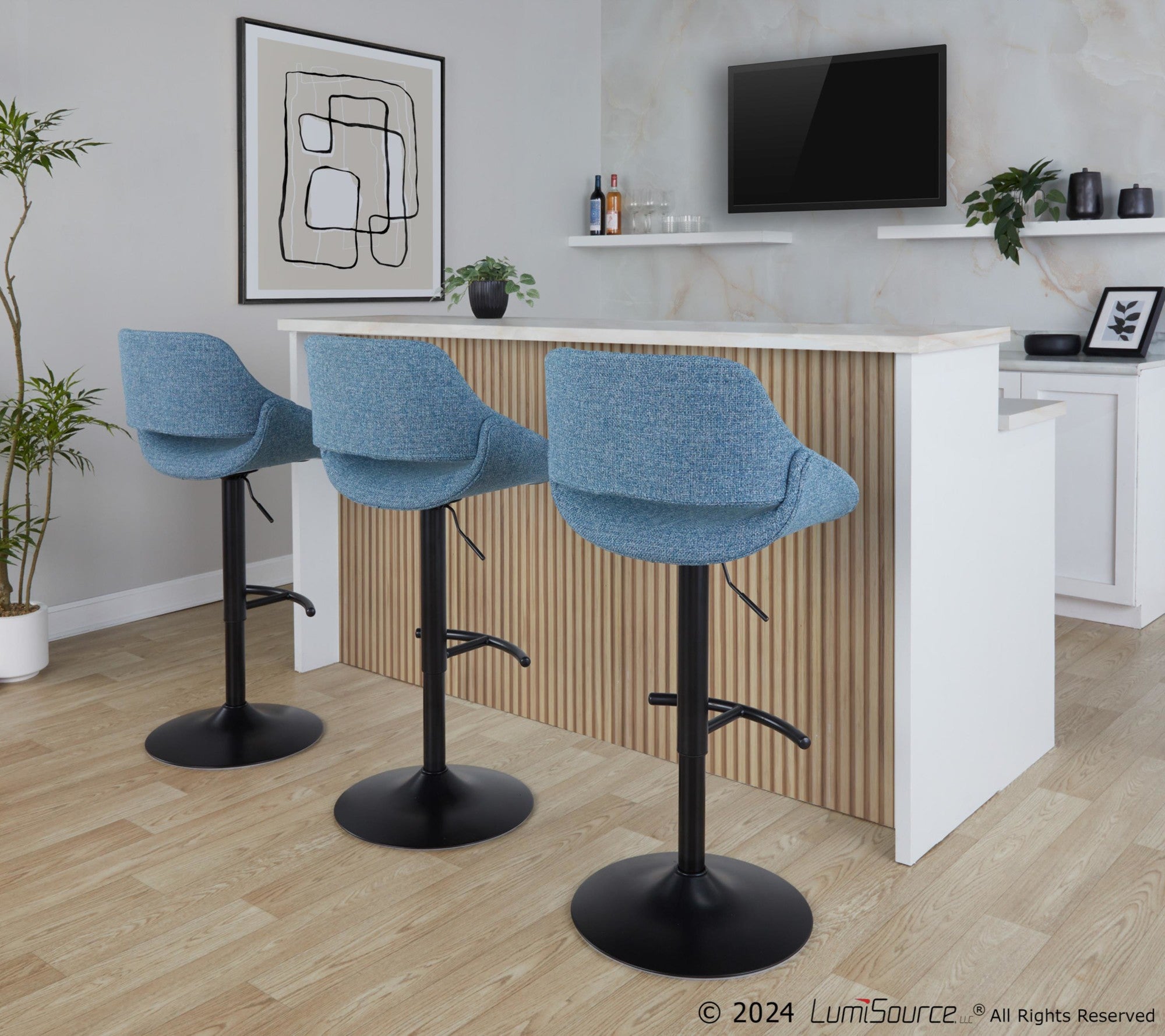 Fabrico Adjustable Barstool - Set of 2 - Black Metal, Blue Noise Fabric