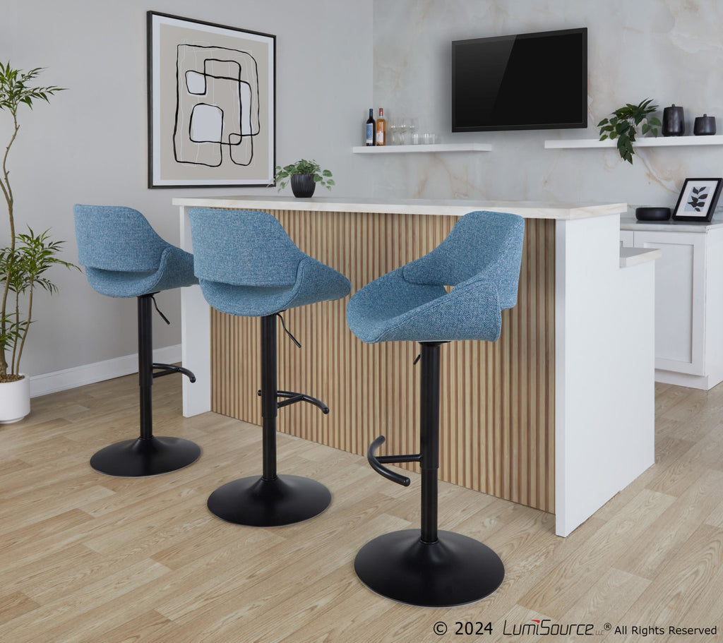 Fabrico Adjustable Barstool - Set of 2 - Black Metal, Blue Noise Fabric