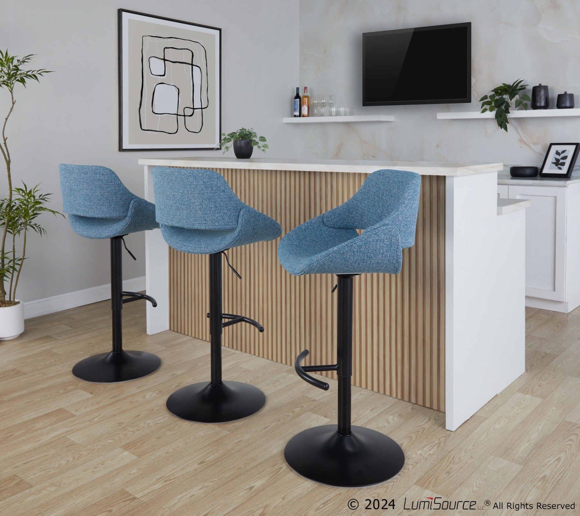 Fabrico Adjustable Barstool - Set of 2 - Black Metal, Blue Noise Fabric