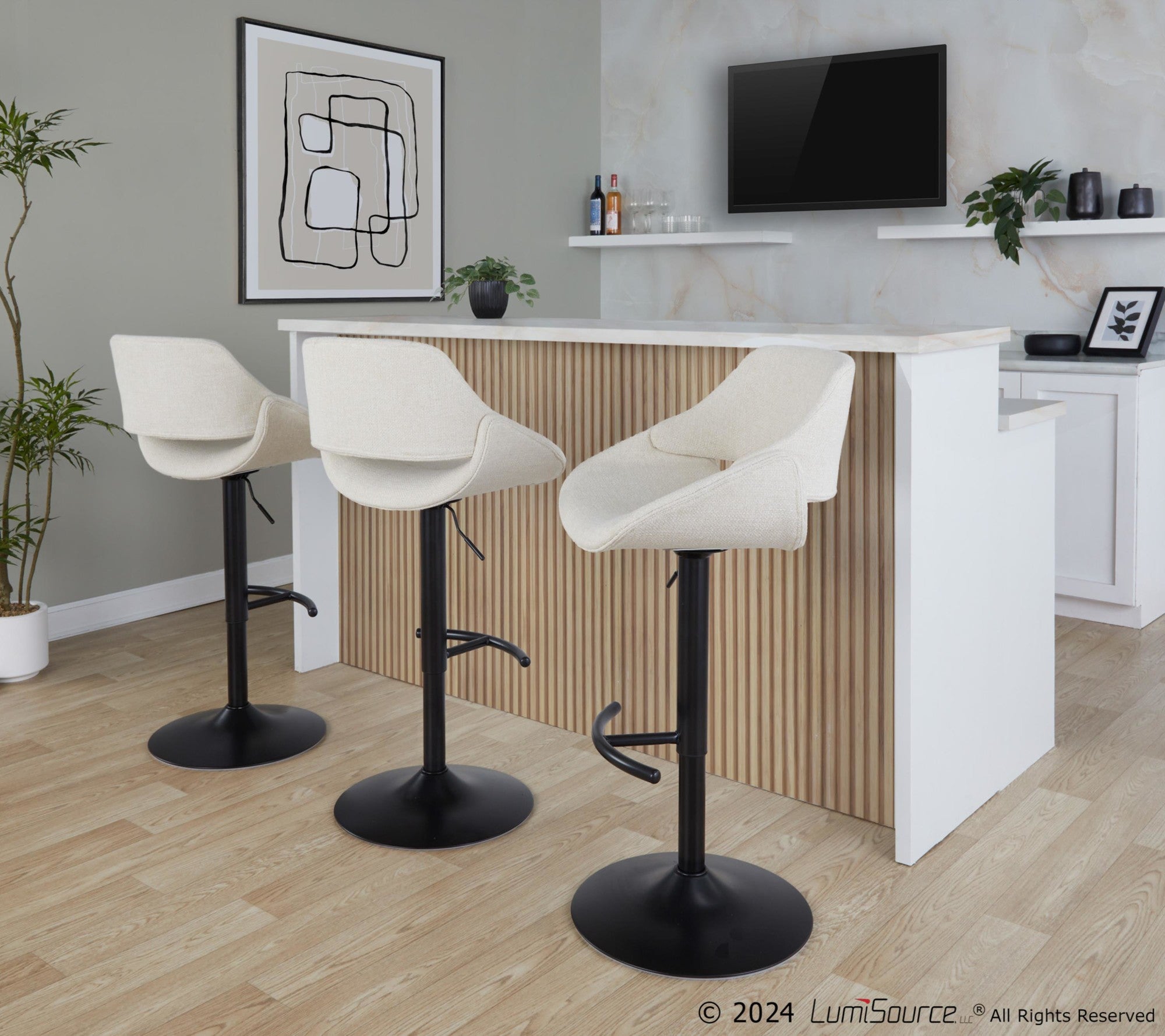Fabrico Adjustable Barstool - Set of 2 - Black Metal, Cream Noise Fabric