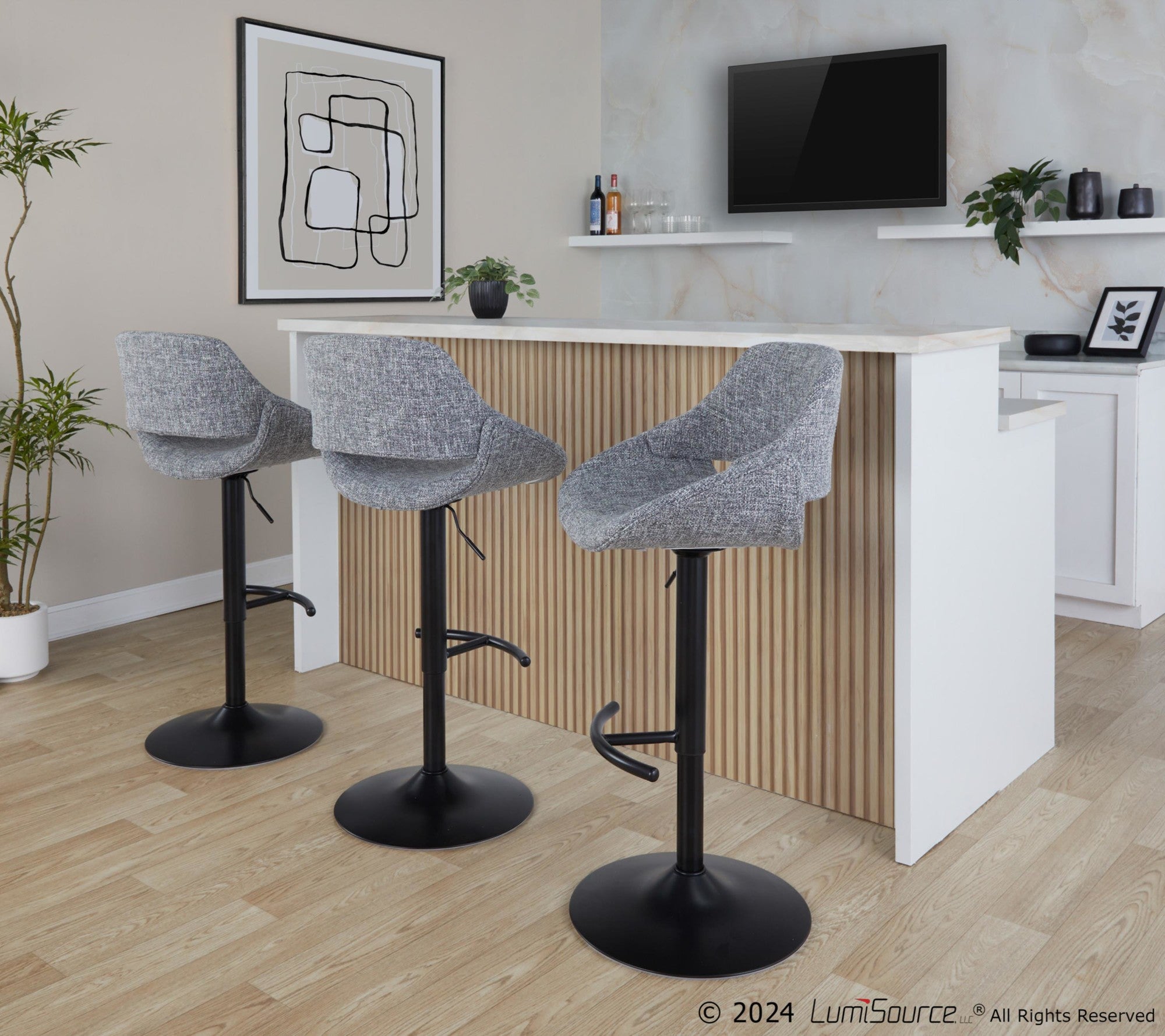 Fabrico Adjustable Barstool - Set of 2 - Black Metal, Grey Noise Fabric