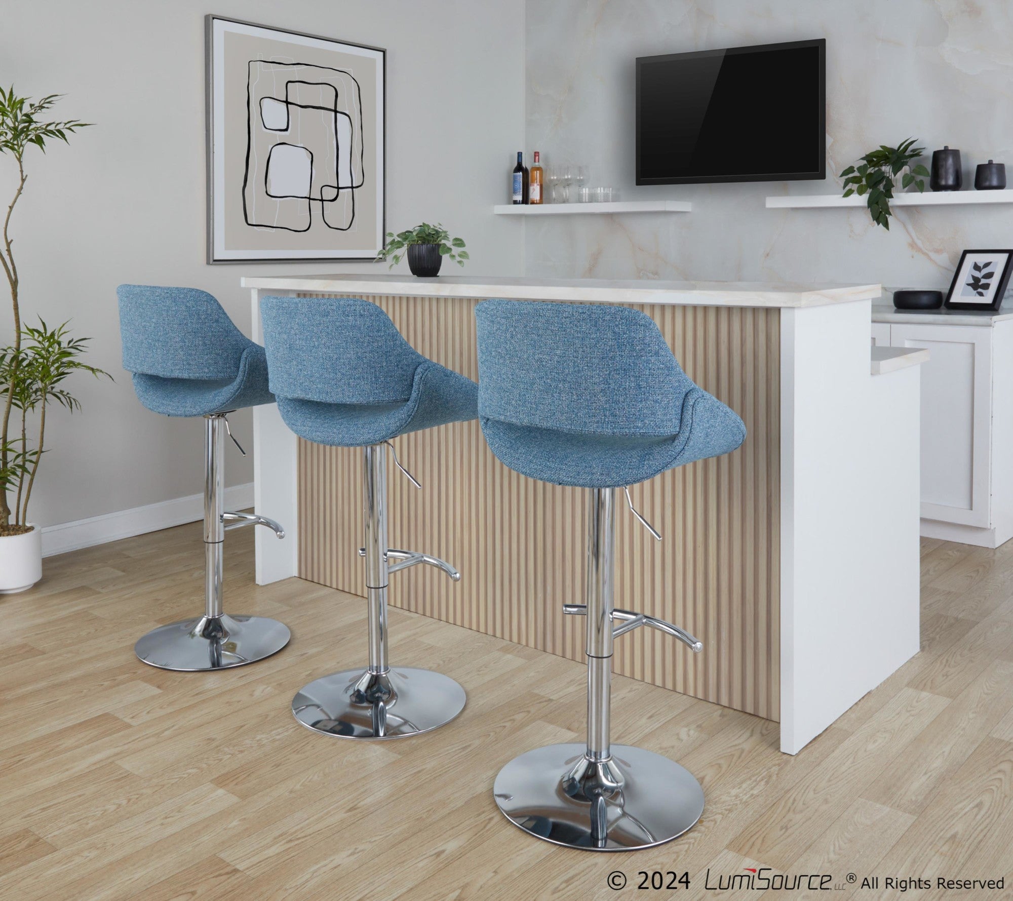 Fabrico Adjustable Barstool - Set of 2 - Chrome Metal, Blue Noise Fabric