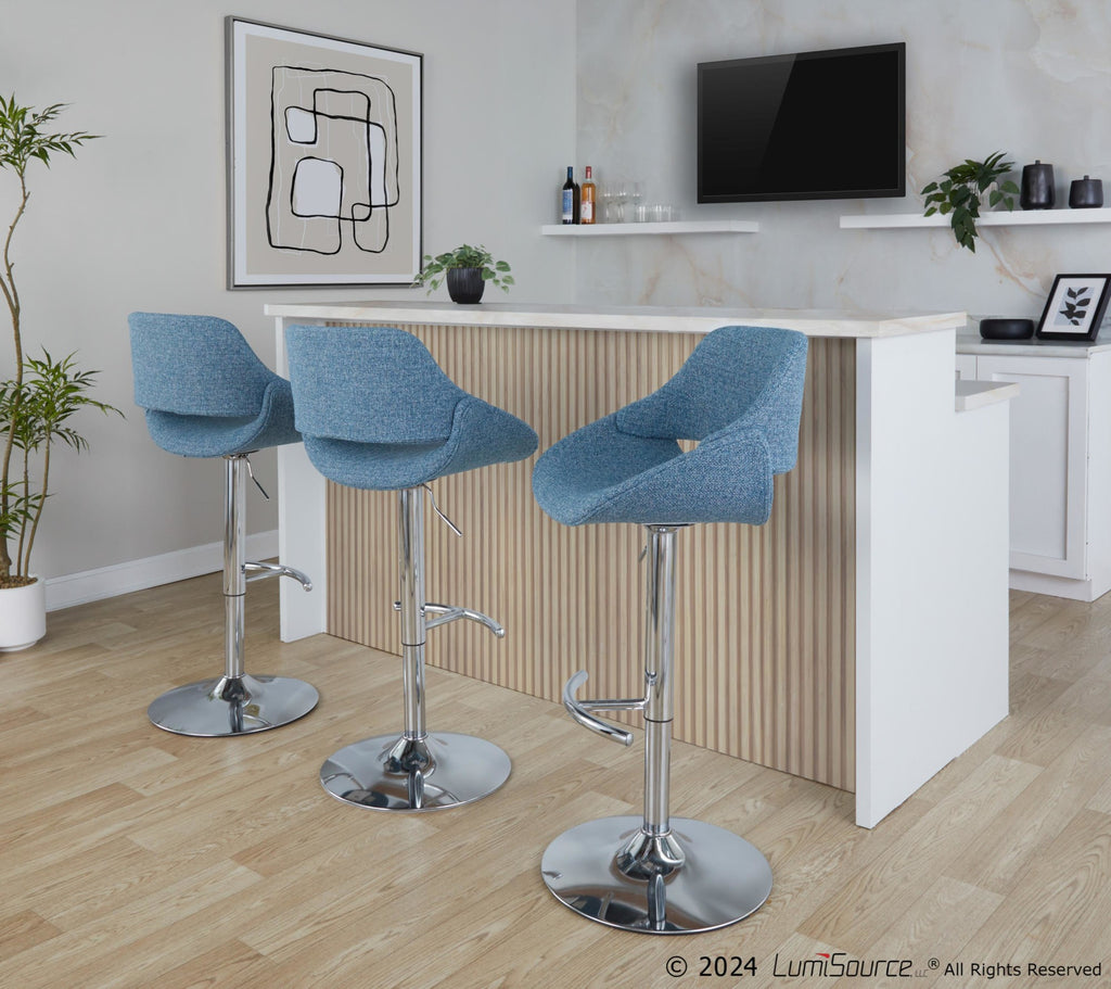 Fabrico Adjustable Barstool - Set of 2 - Chrome Metal, Blue Noise Fabric