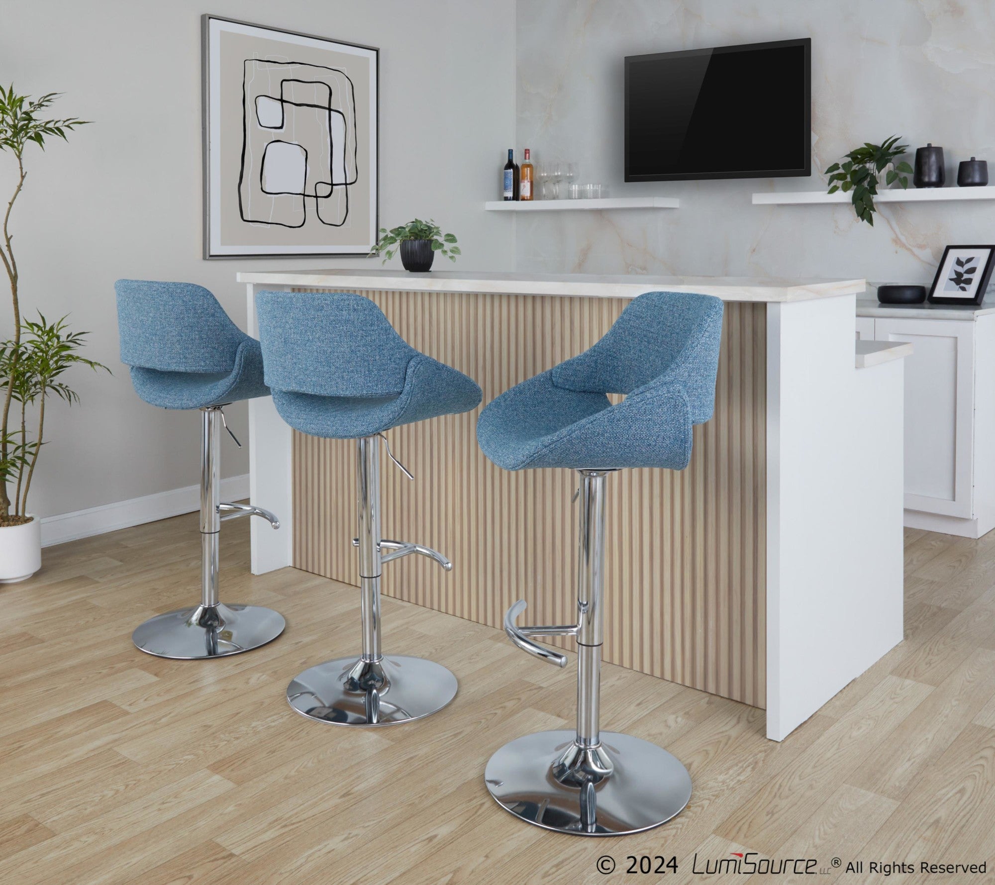 Fabrico Adjustable Barstool - Set of 2 - Chrome Metal, Blue Noise Fabric