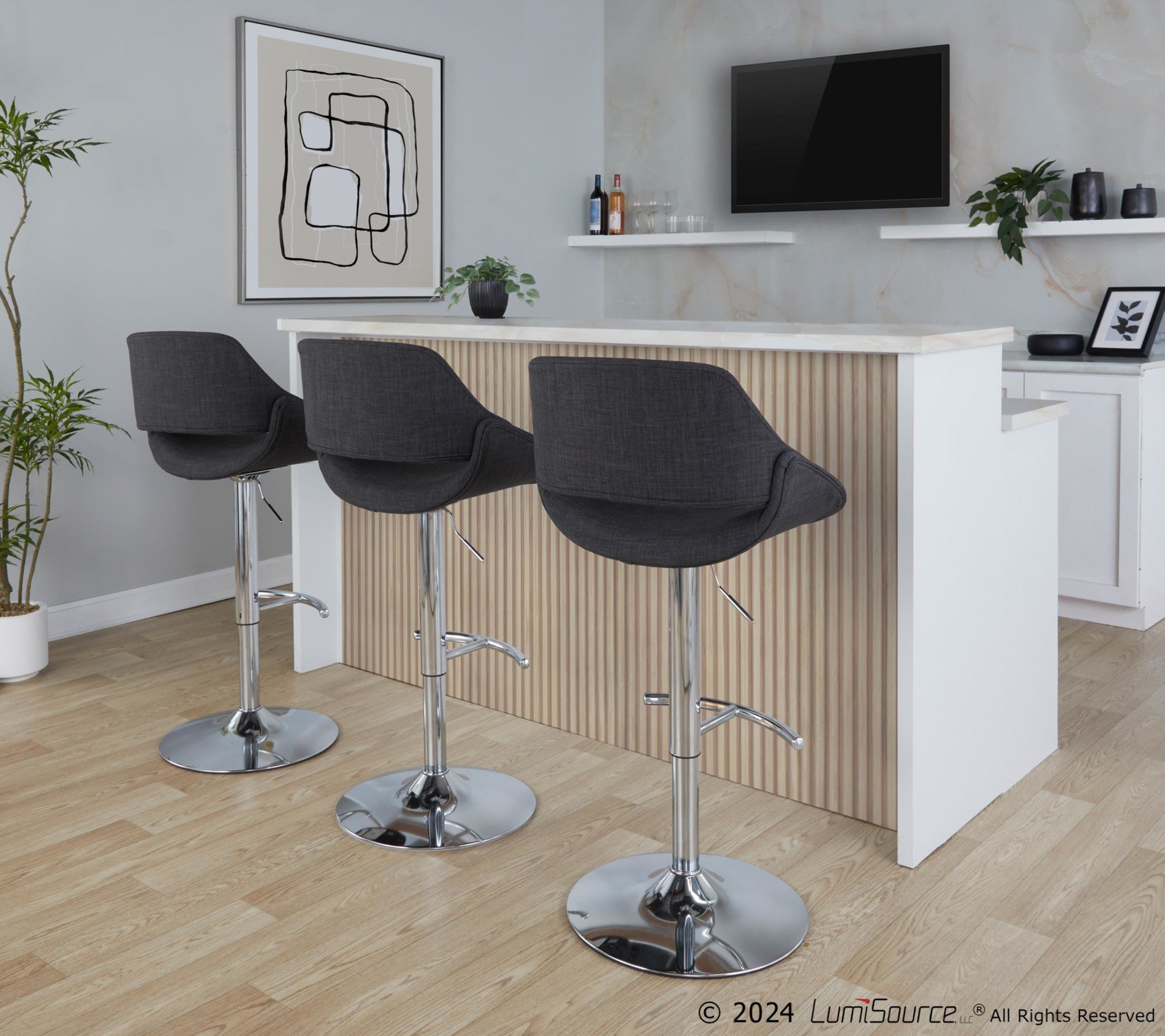 Fabrico Adjustable Barstool - Set of 2 - Chrome Metal, Charcoal Fabric