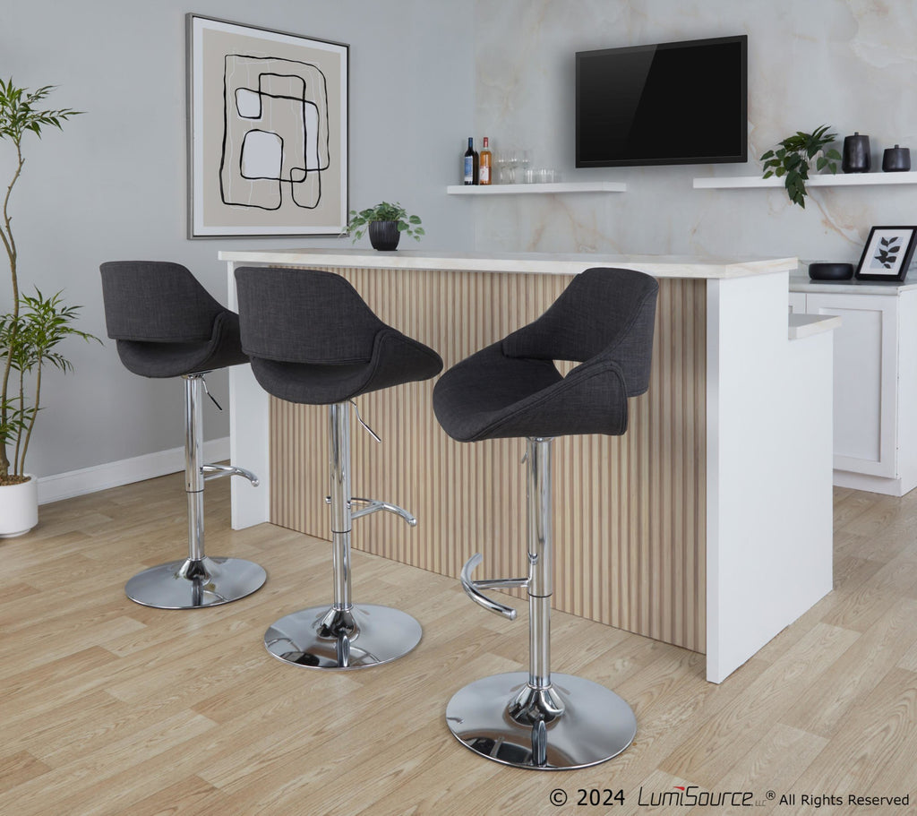 Fabrico Adjustable Barstool - Set of 2 - Chrome Metal, Charcoal Fabric