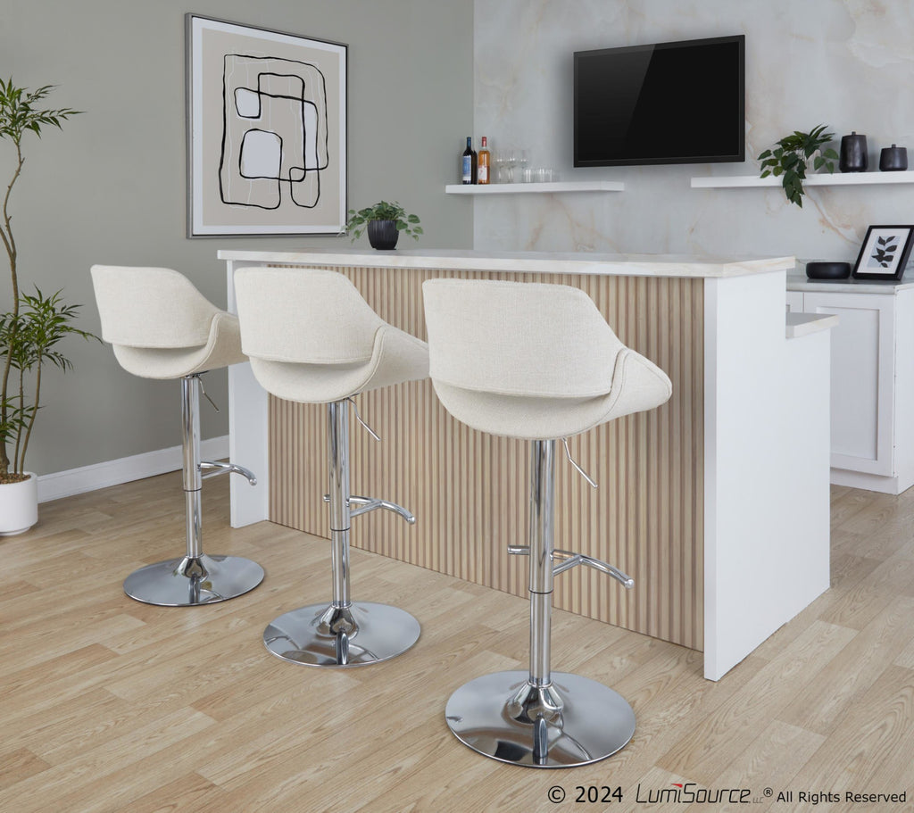 Fabrico Adjustable Barstool - Set of 2 - Chrome Metal, Cream Noise Fabric
