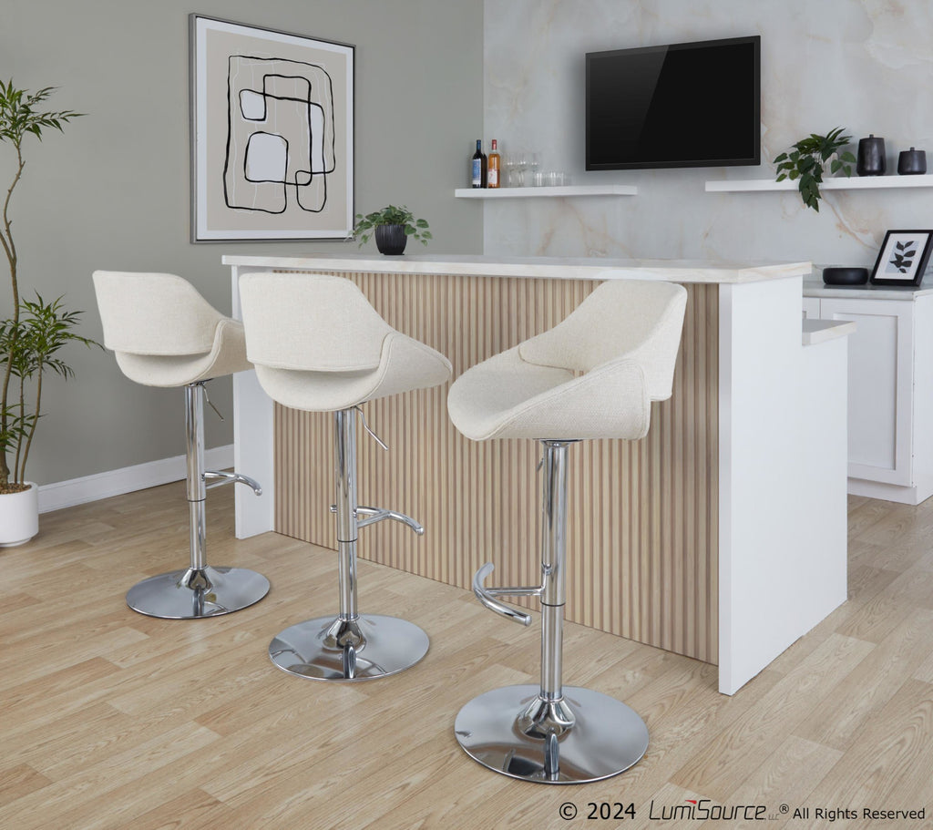 Fabrico Adjustable Barstool - Set of 2 - Chrome Metal, Cream Noise Fabric