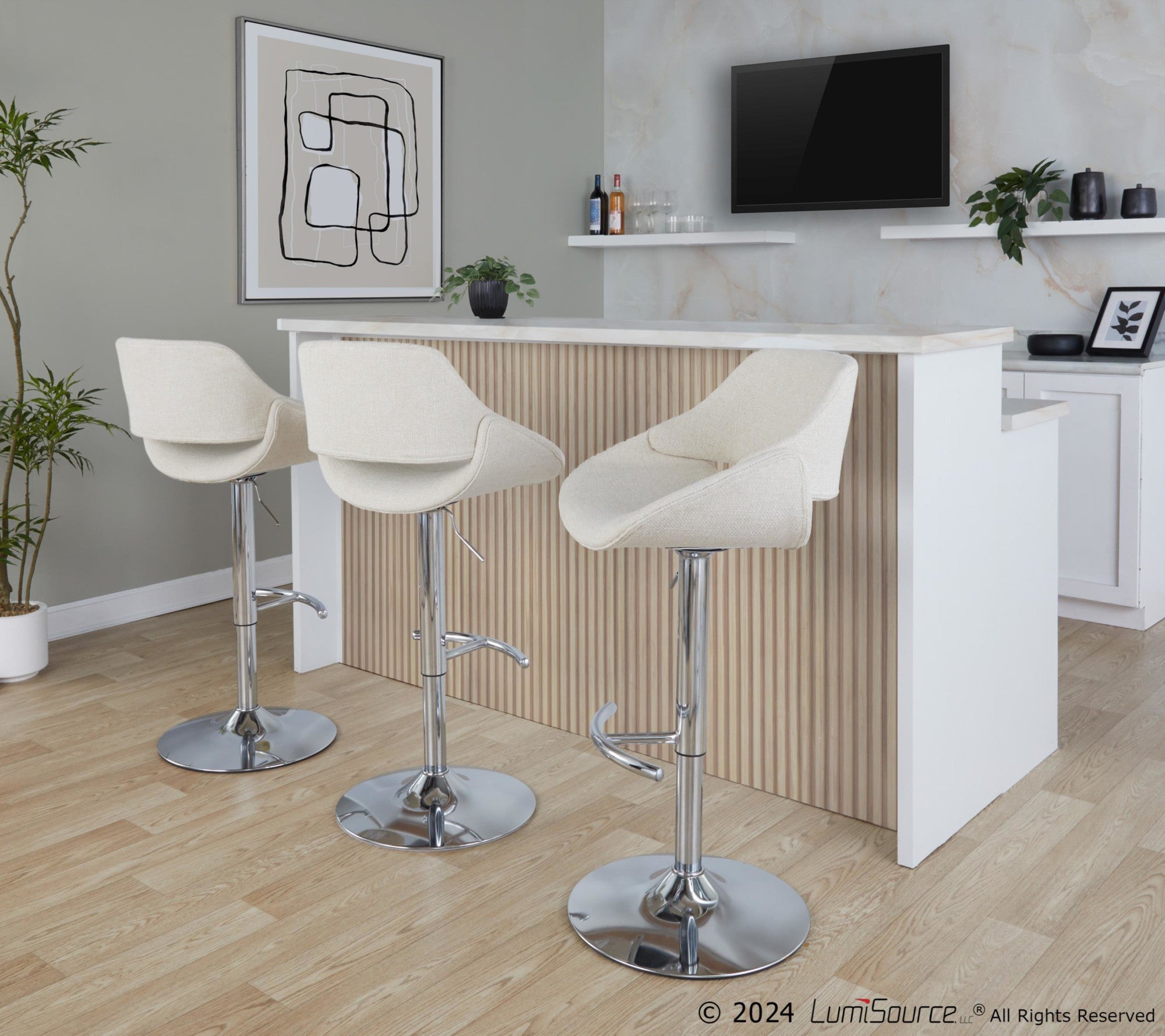 Fabrico Adjustable Barstool - Set of 2 - Chrome Metal, Cream Noise Fabric