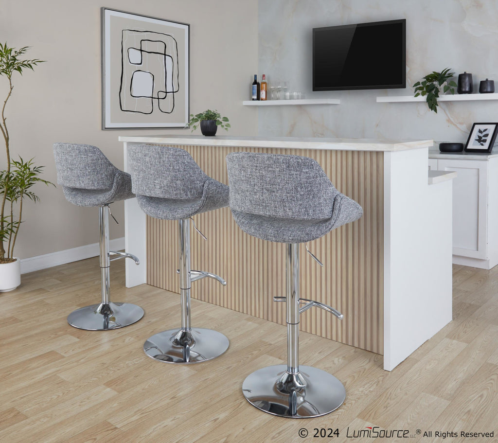 Fabrico Adjustable Barstool - Set of 2 - Chrome Metal, Grey Noise Fabric