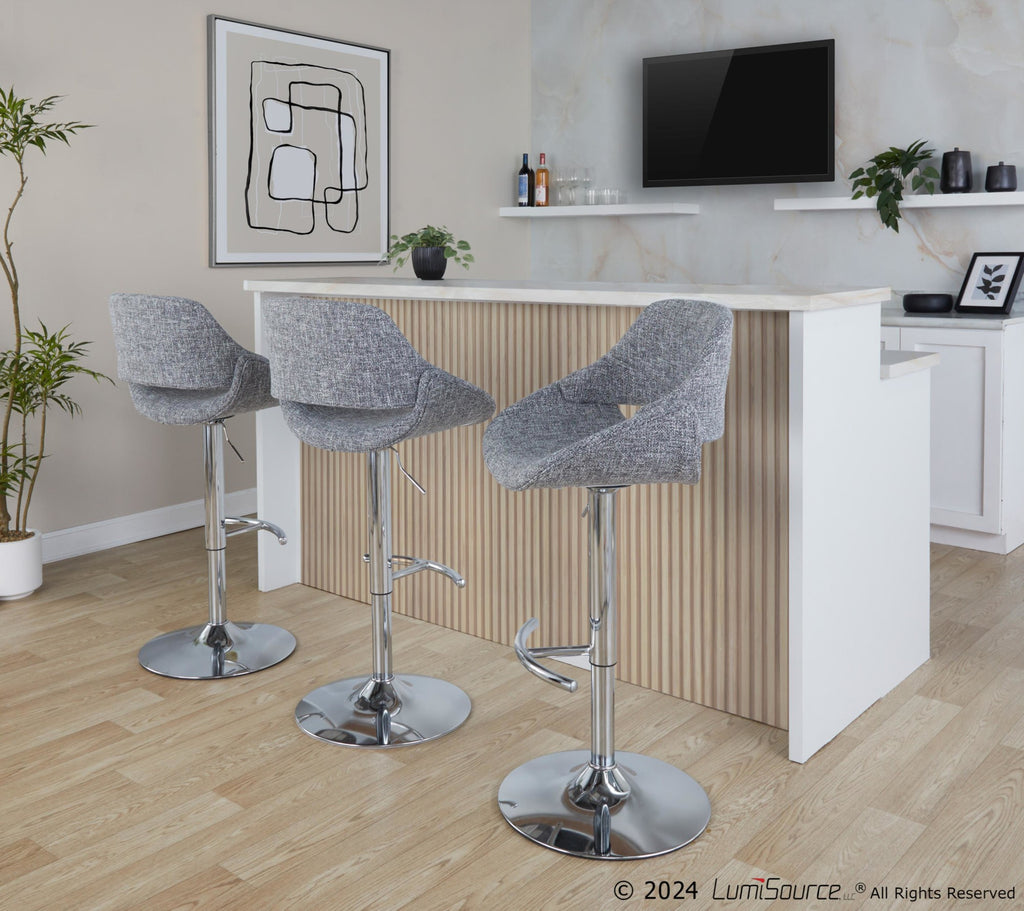Fabrico Adjustable Barstool - Set of 2 - Chrome Metal, Grey Noise Fabric