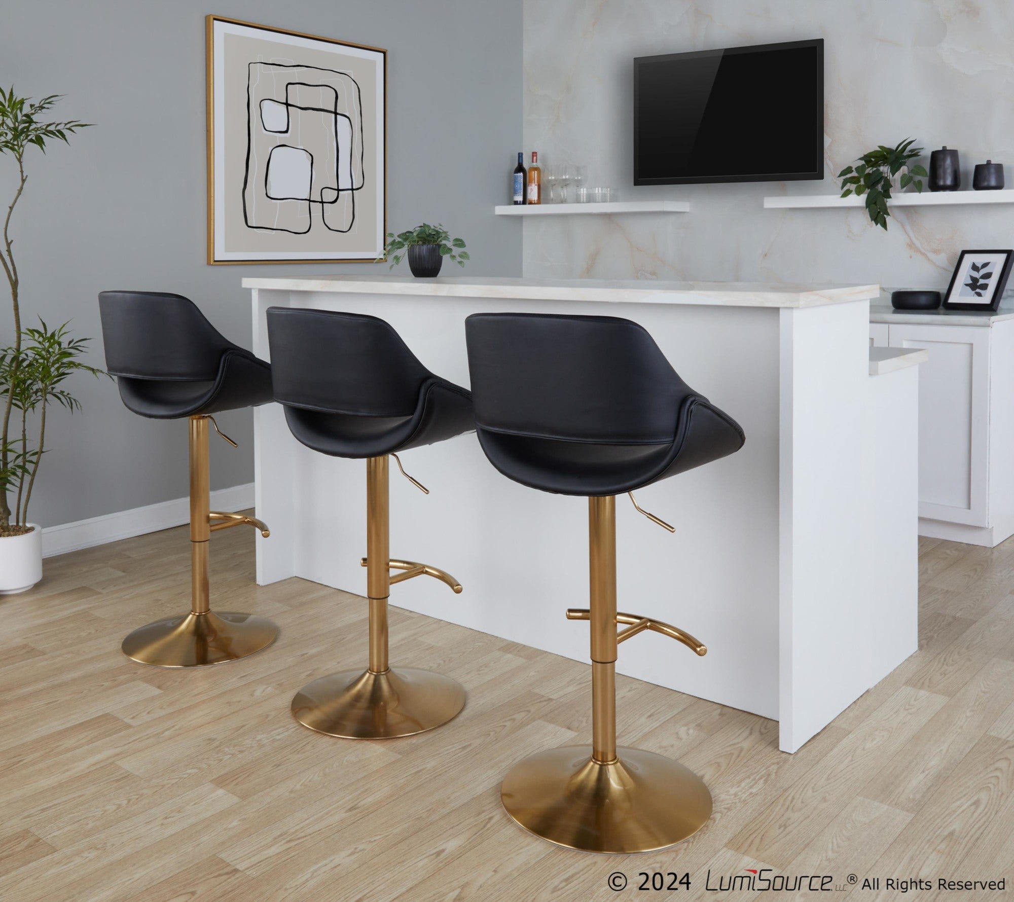 Fabrico Adjustable Barstool - Set of 2 - Gold Metal, Black PU