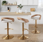 Grotto Adjustable Barstool - Gold Metal, Whitewashed Wood, Oat Fabric