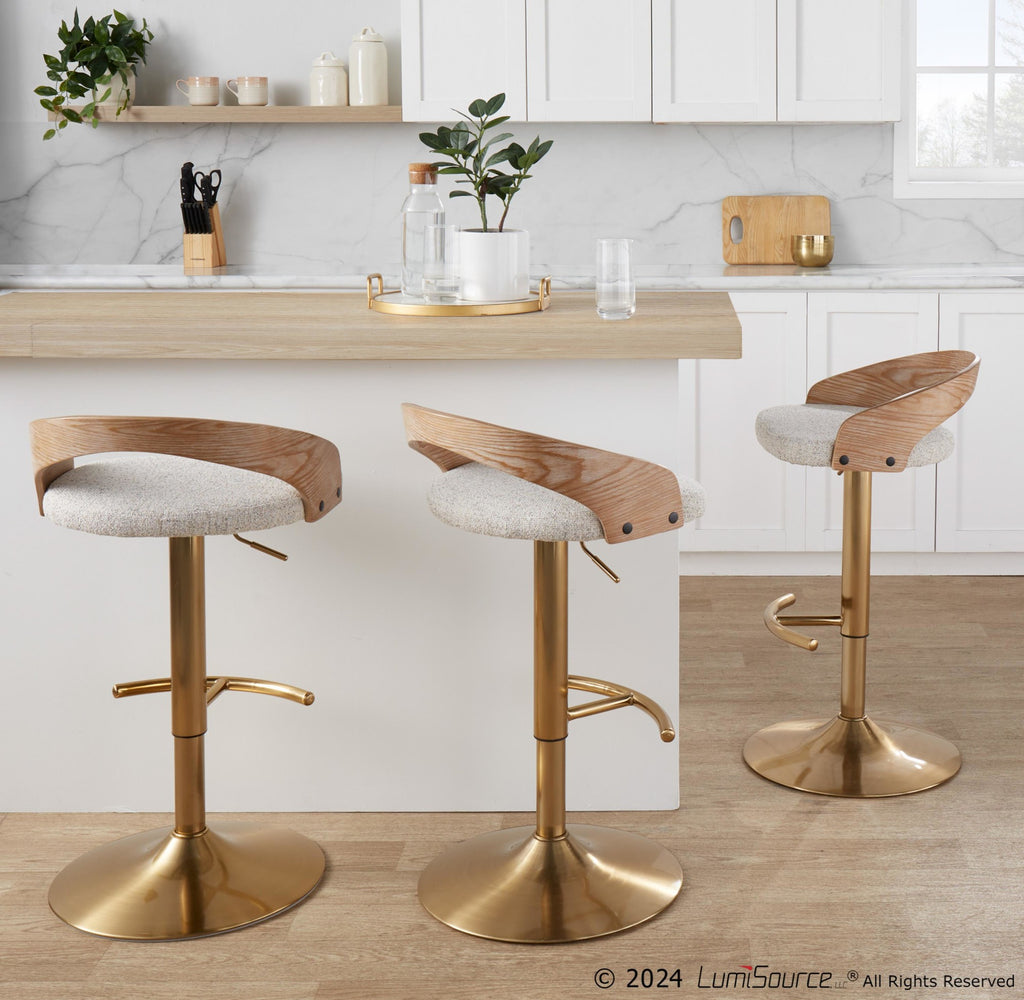Grotto Adjustable Barstool - Gold Metal, Whitewashed Wood, Oat Fabric