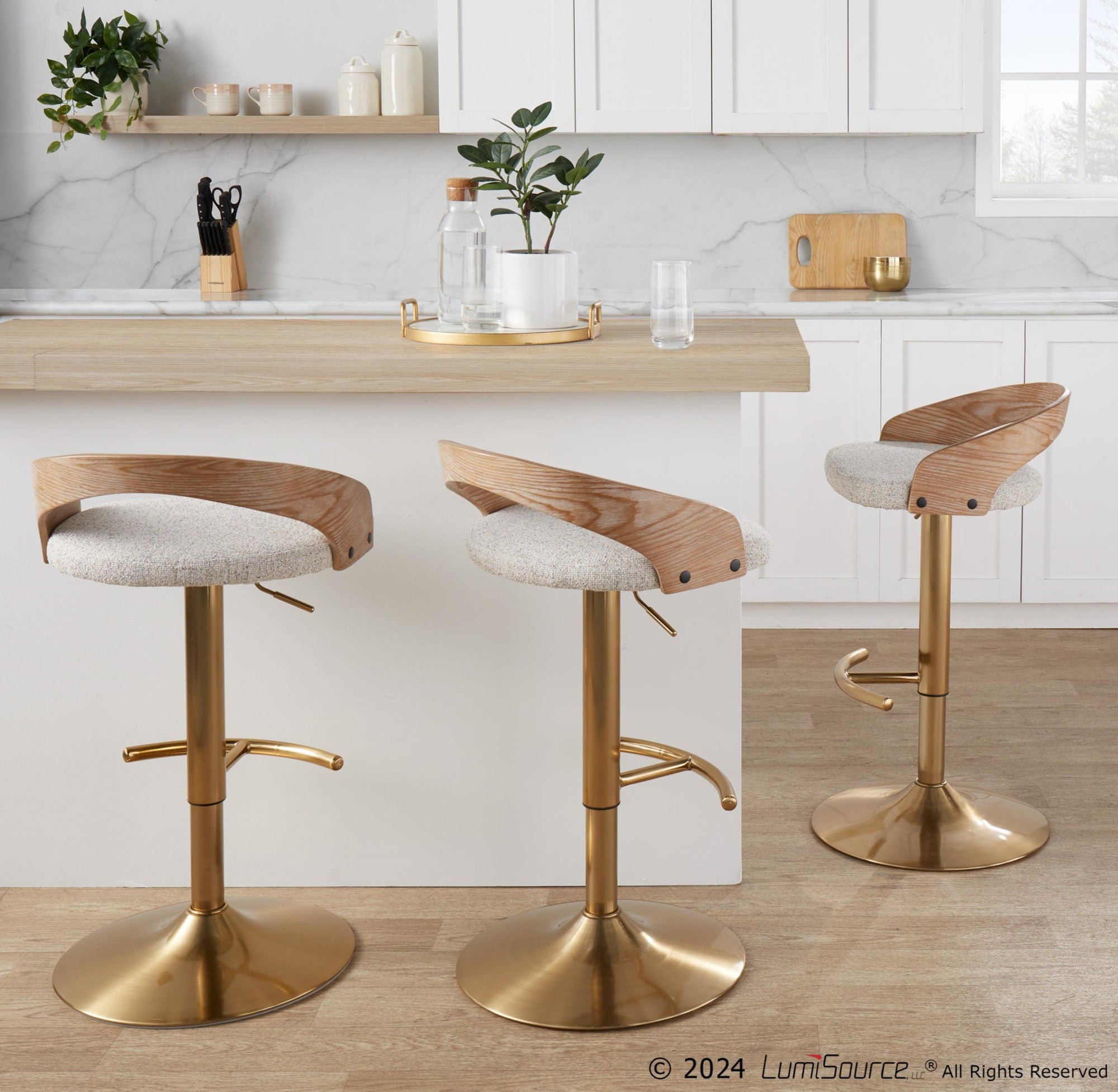 Grotto Adjustable Barstool - Gold Metal, Whitewashed Wood, Oat Fabric