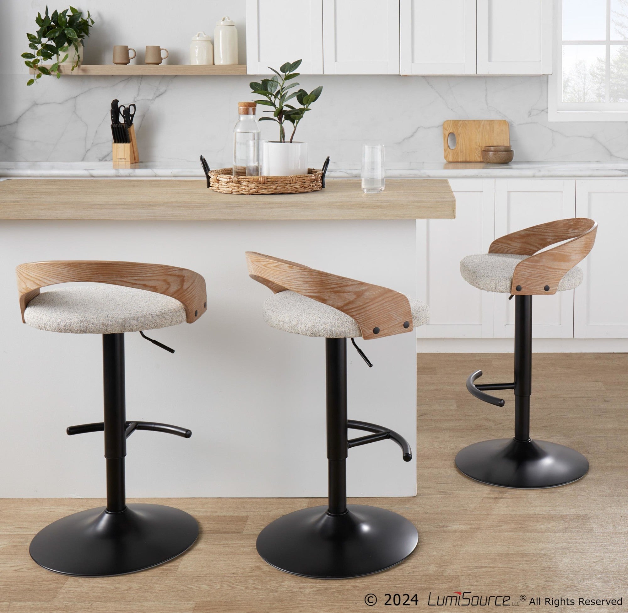 Grotto Adjustable Barstool - Black Metal, Whitewashed Wood, Oat Fabric