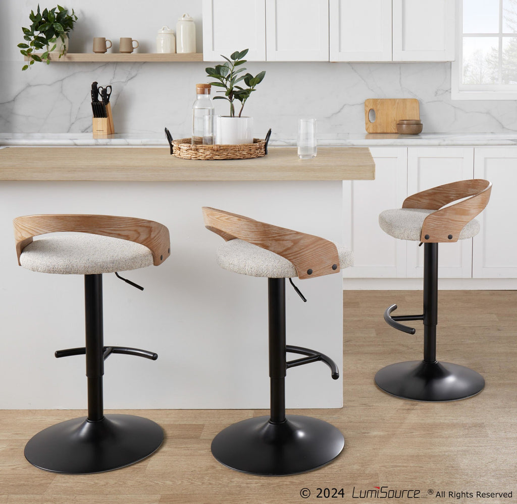 Grotto Adjustable Barstool - Set of 3 - Black Metal, Whitewashed Wood, Oat Fabric