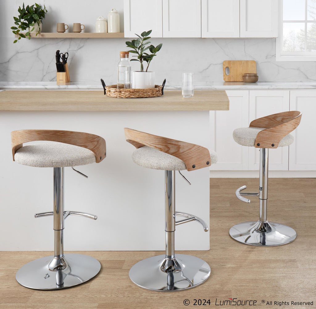 Grotto Adjustable Barstool - Chrome Metal, Whitewashed Wood, Oat Fabric
