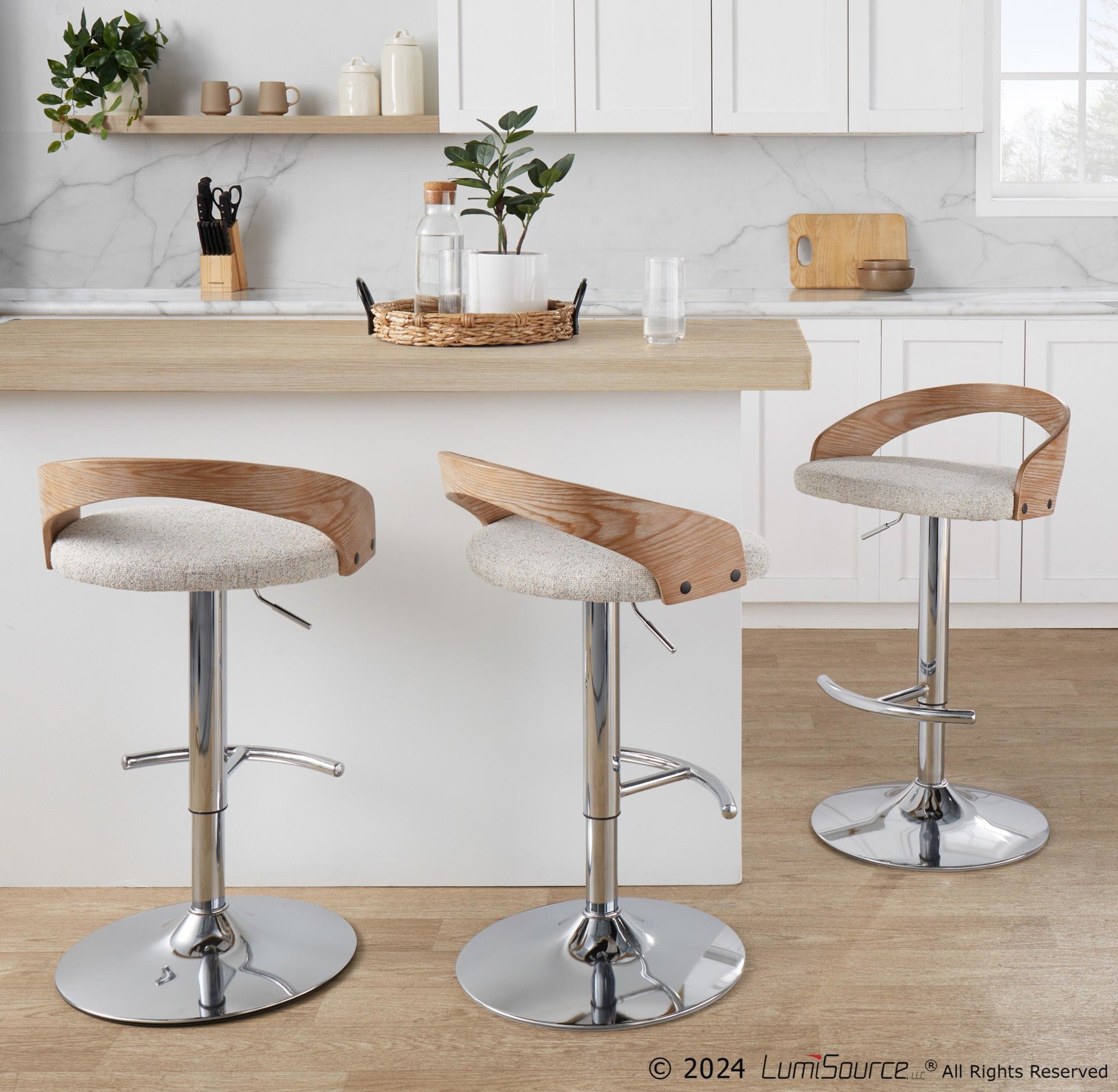 Grotto Adjustable Barstool - Chrome Metal, Whitewashed Wood, Oat Fabric
