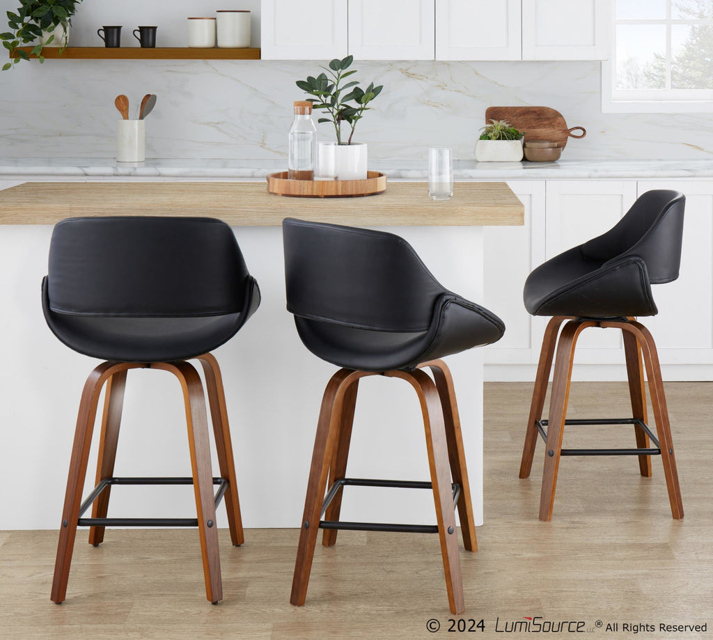 Fabrico 26" Fixed-Height Counter Stool -  Set of 2 - Walnut Wood, Black PU, Black Metal