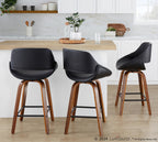 Fabrico 26" Fixed-Height Counter Stool -  Set of 2 - Walnut Wood, Black PU, Black Metal