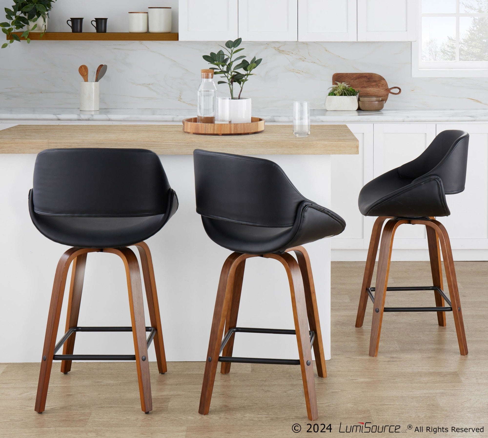 Fabrico 26" Fixed-Height Counter Stool -  Set of 2 - Walnut Wood, Black PU, Black Metal
