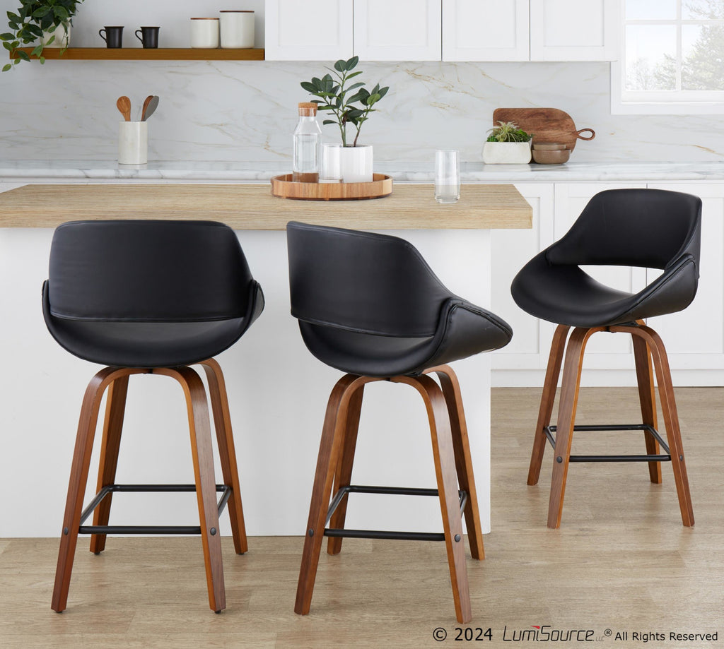 Fabrico 26" Fixed-Height Counter Stool -  Set of 2 - Walnut Wood, Black PU, Black Metal