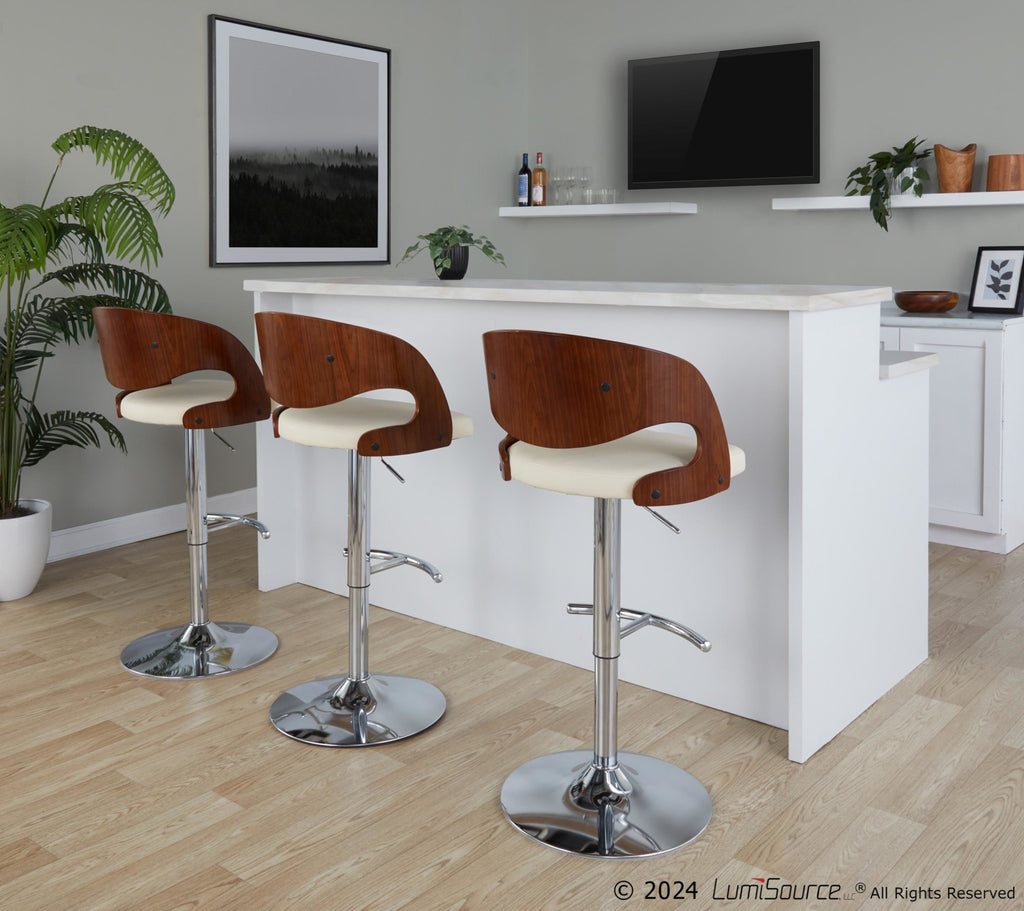 Pino Adjustable Barstool - Set of 3 - Chrome Metal, Walnut Wood, Cream PU