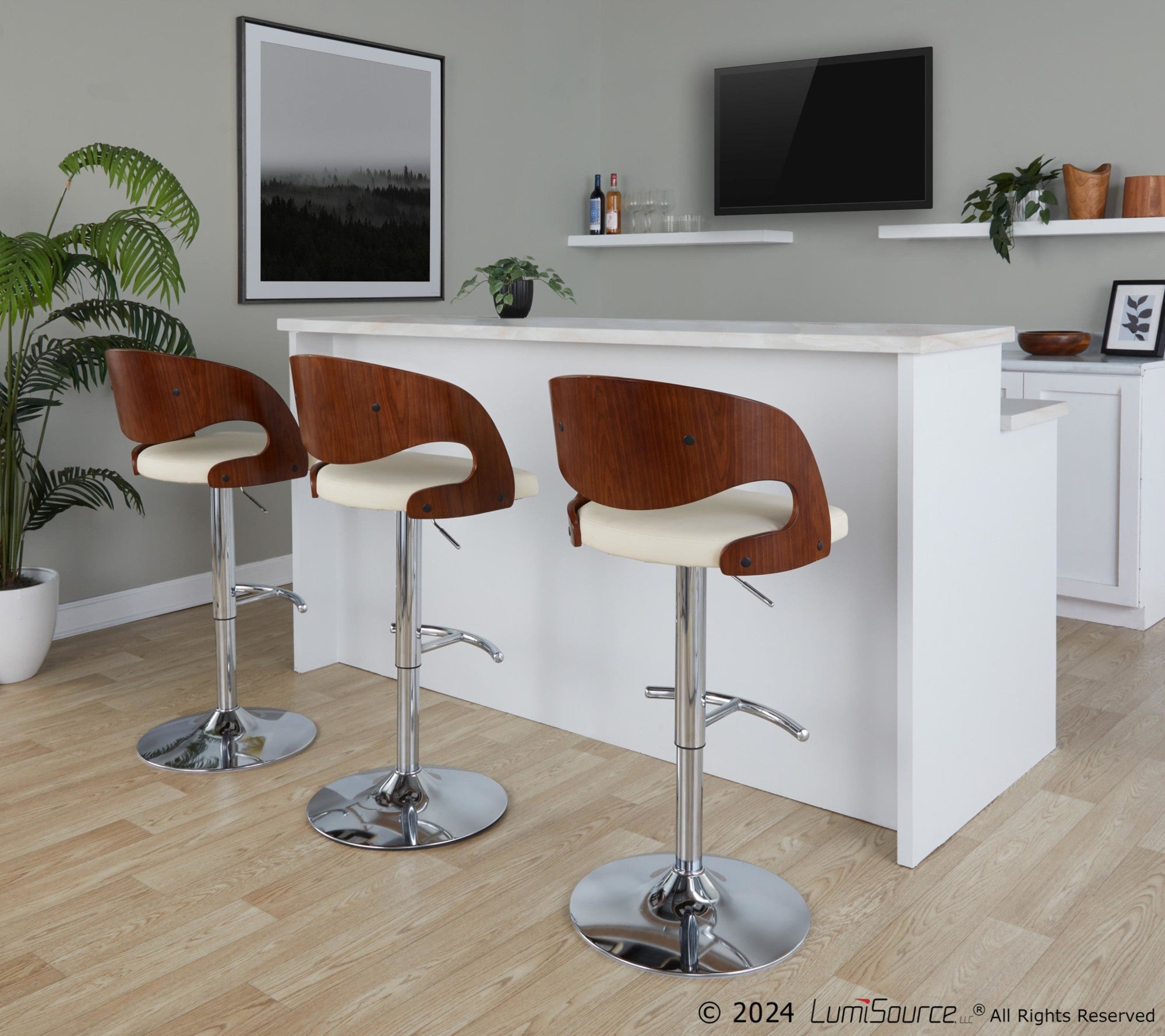 Pino Adjustable Barstool - Set of 3 - Chrome Metal, Walnut Wood, Cream PU