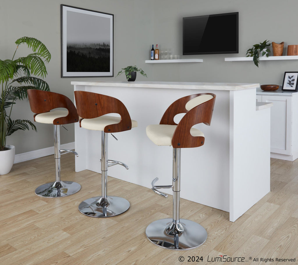 Pino Adjustable Barstool - Set of 3 - Chrome Metal, Walnut Wood, Cream PU
