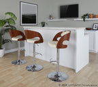 Pino Adjustable Barstool - Set of 3 - Chrome Metal, Walnut Wood, Cream PU