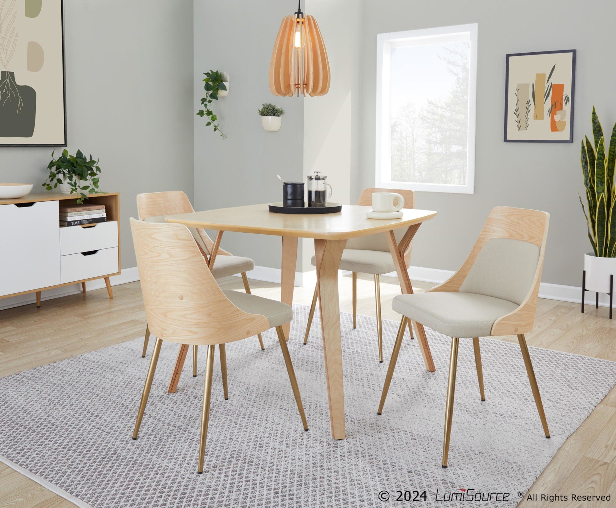 Anabelle Chair - Set of 2 - Gold Metal, Natural Wood, Cream Fabric