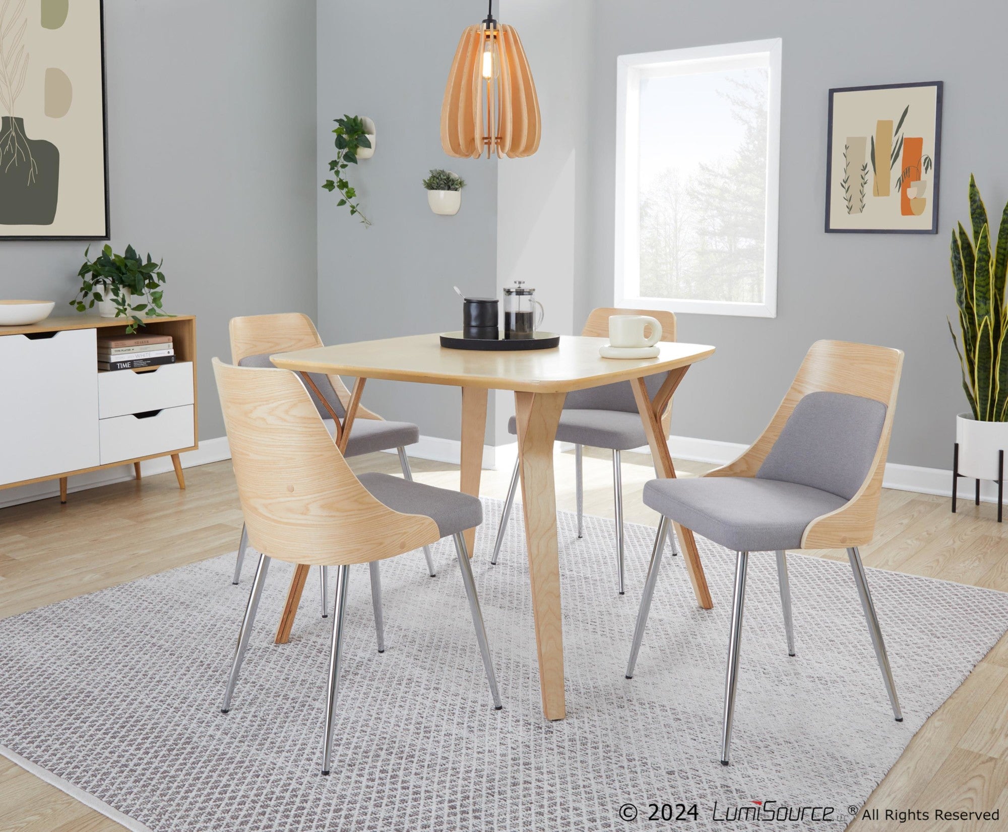 Anabelle Chair - Set of 2 - Chrome Metal, Natural Wood, Grey Fabric