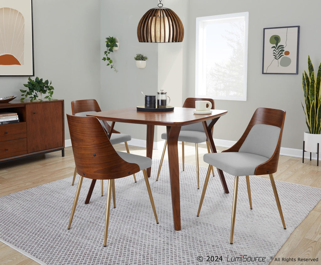 Anabelle Chair - Set of 2 - Gold Metal, Walnut Wood, Grey Fabric