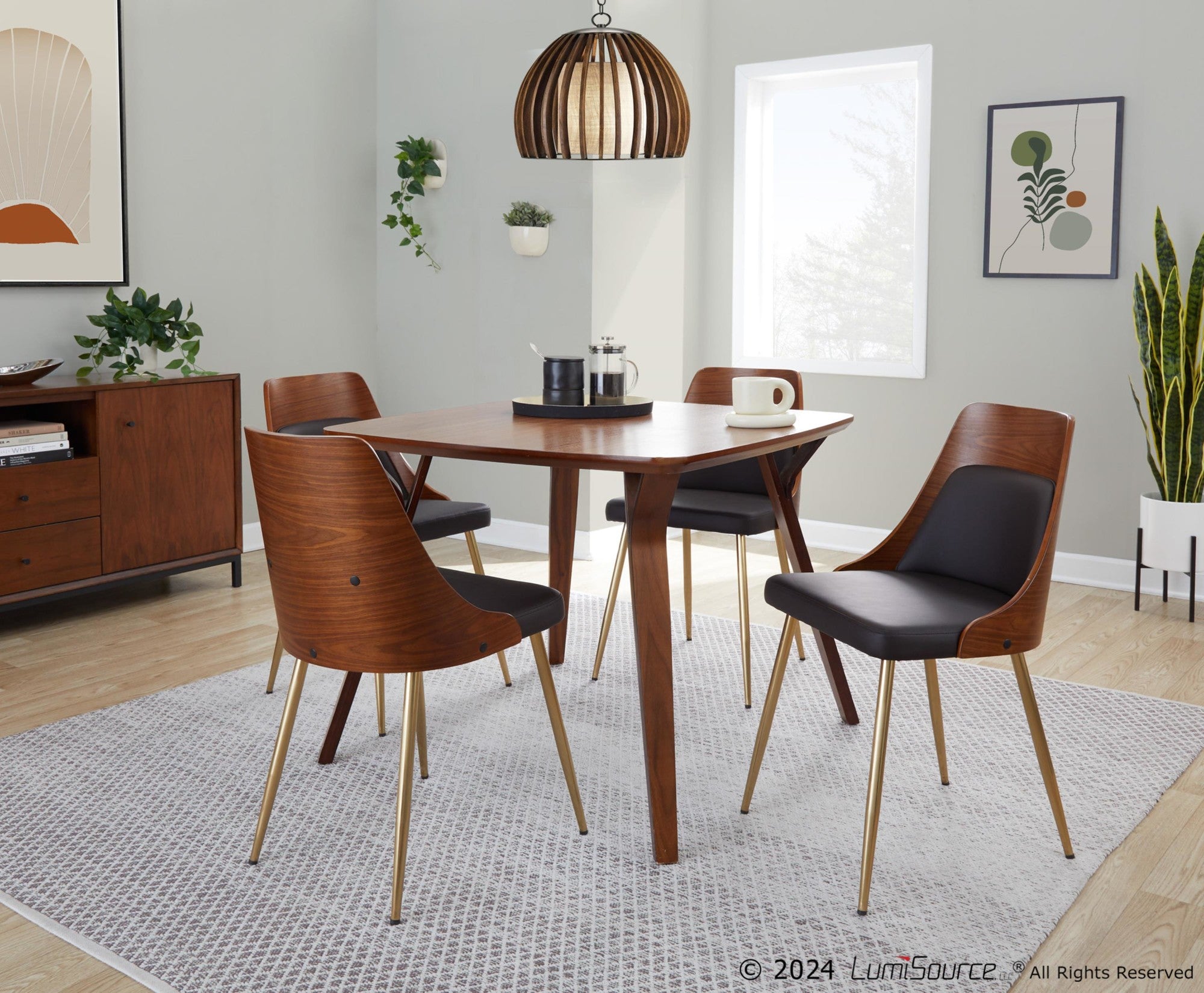 Anabelle Chair - Set of 2 - Gold Metal, Walnut Wood, Brown PU