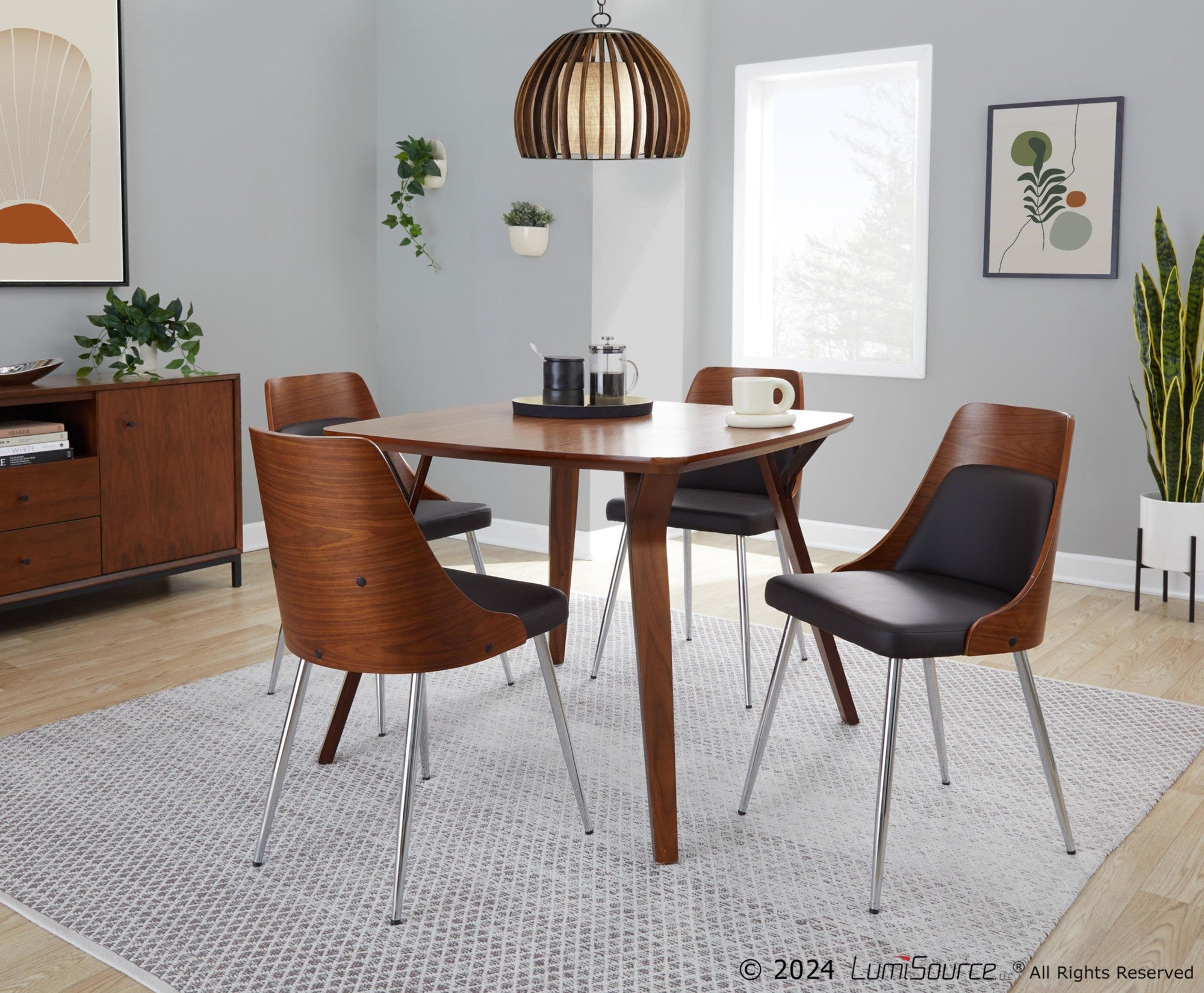 Anabelle Chair - Set of 2 - Chrome Metal, Walnut Wood, Brown PU