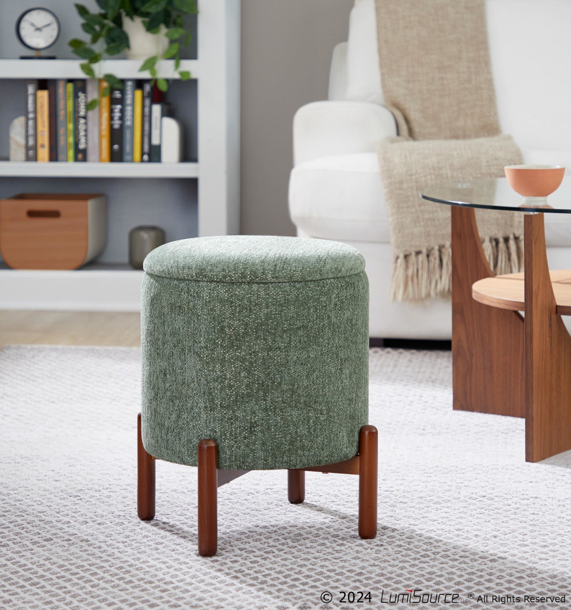 Daniella Wood Storage Ottoman - Walnut Wood, Green Fabric