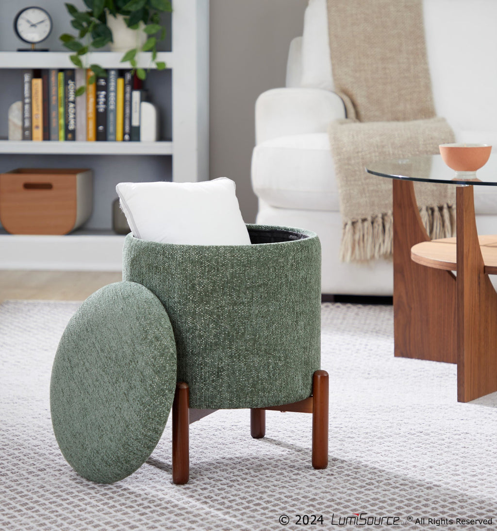 Daniella Wood Storage Ottoman - Walnut Wood, Green Fabric