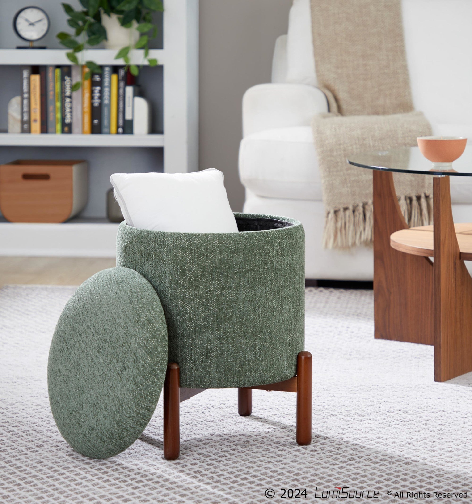 Daniella Wood Storage Ottoman - Walnut Wood, Green Fabric