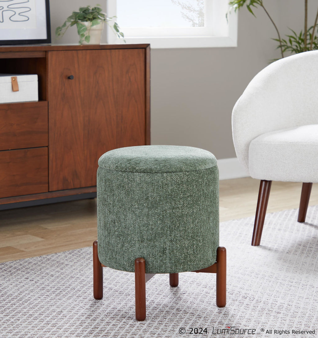 Daniella Wood Storage Ottoman - Walnut Wood, Green Fabric